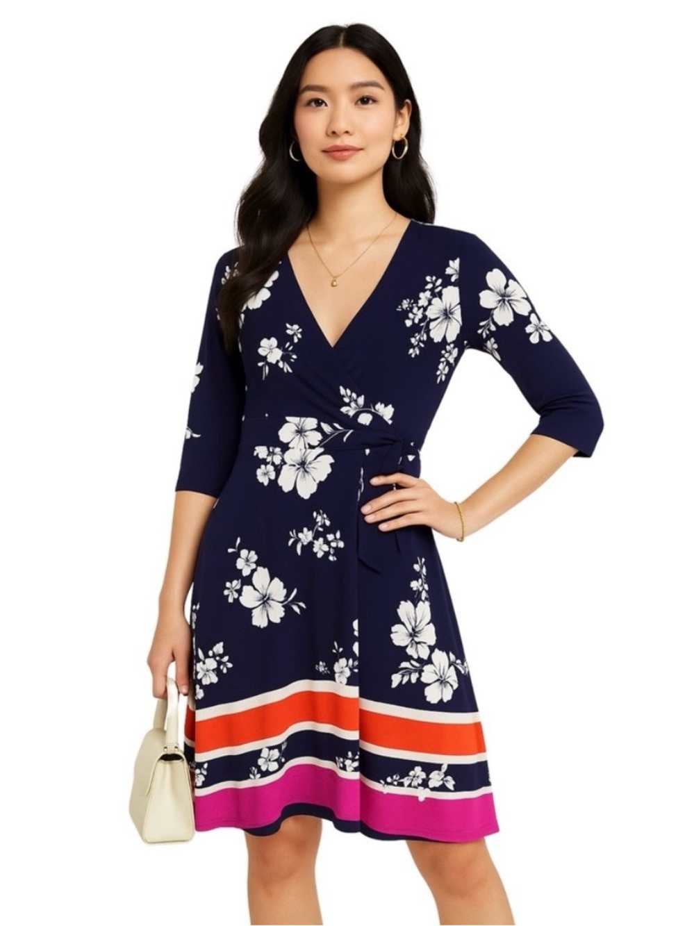 NWT Vince Camuto Floral Faux Wrap Dress Navy Pink Orange Size 12 Fit & Flare